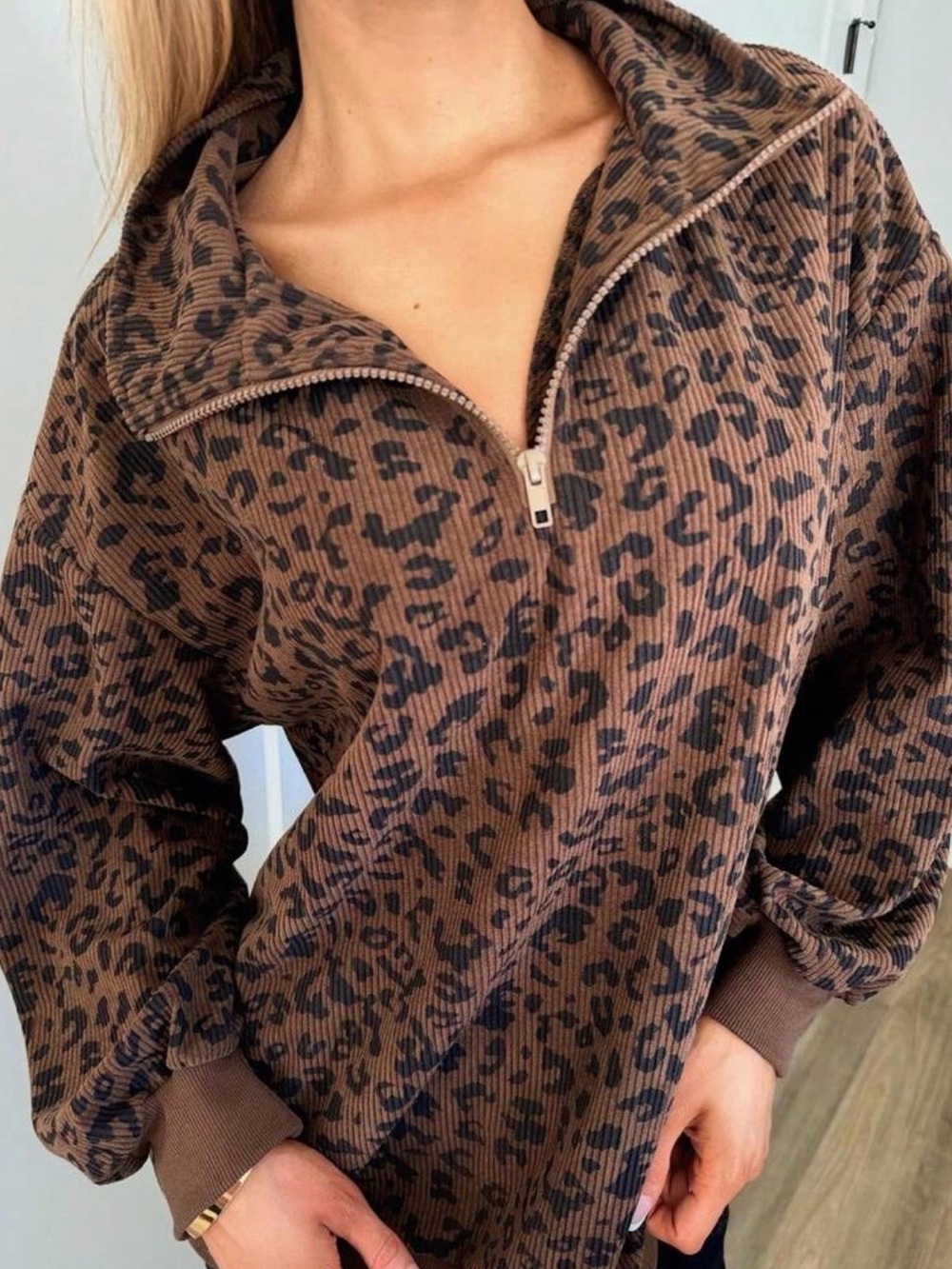 SHEIN Brown Leopard Print Half-Zip Pullover